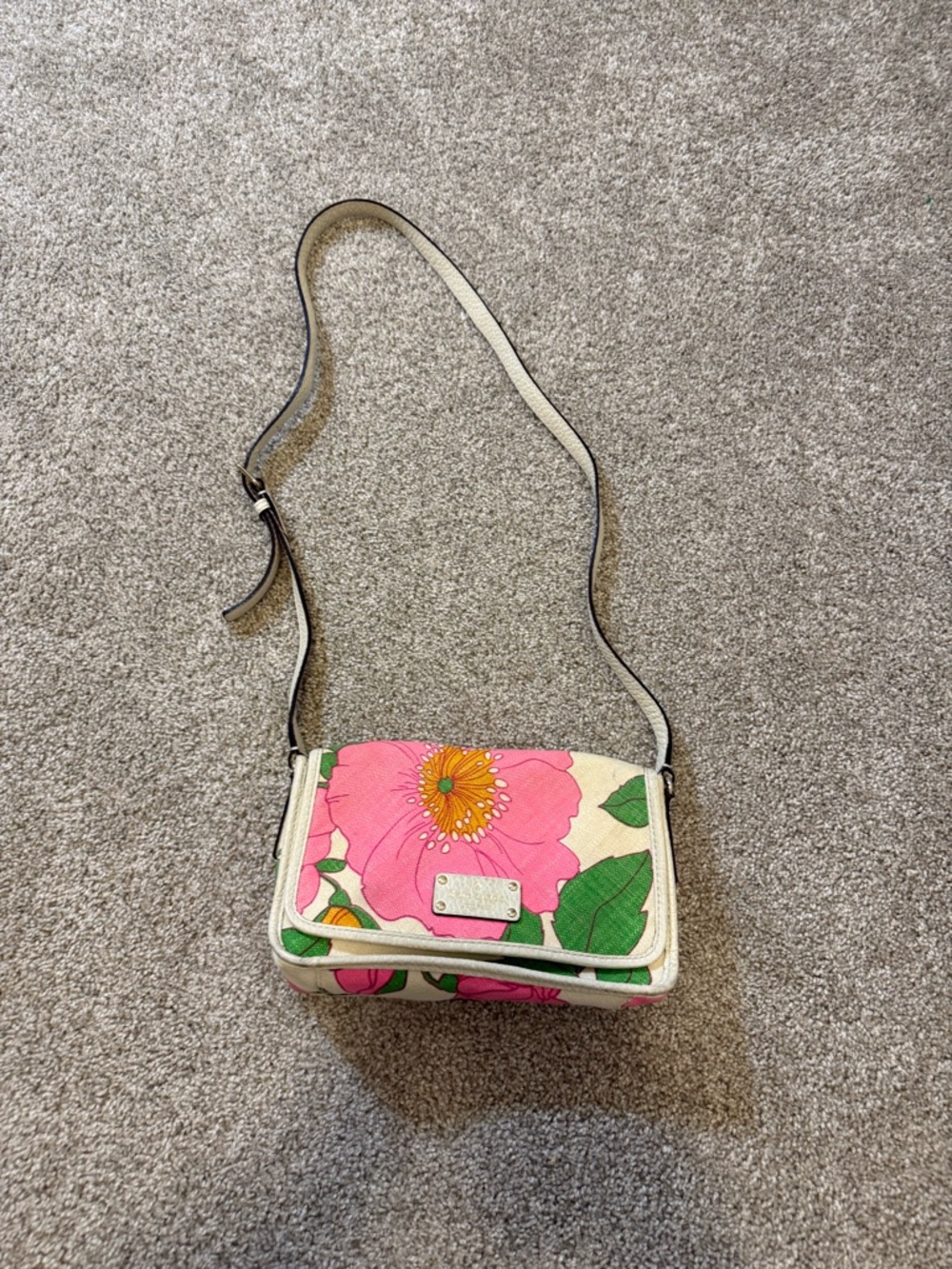 Kate Spade Cream Pink Floral Canvas Woven Leather Crossbody‎ Bag Purse Summer
